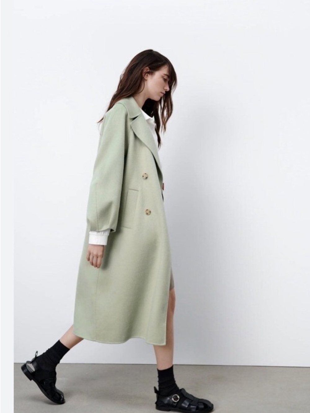 Women's Long Double-Breasted Coat in Sage Green